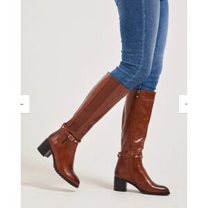 TORGEIS Destiny Camel Riding Knee High Boots Studded Buckle Block Heel NEW